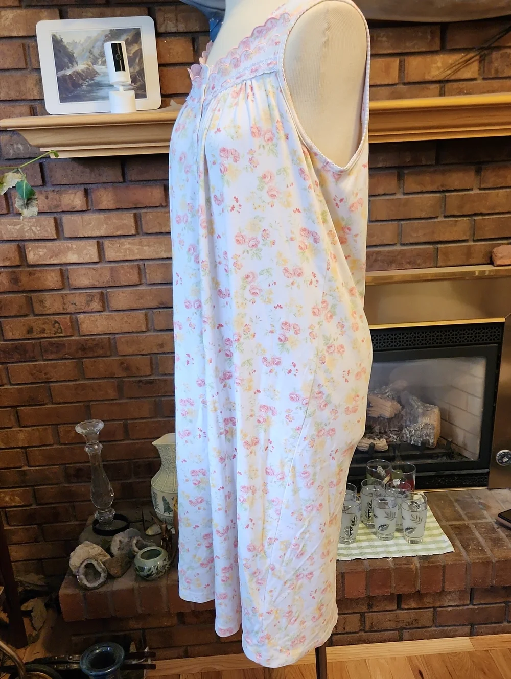Pink Yellow Floral Nightgown Lace Ribbon Trim Vintage Soft Cottagecore Granny - Picture 5 of 13